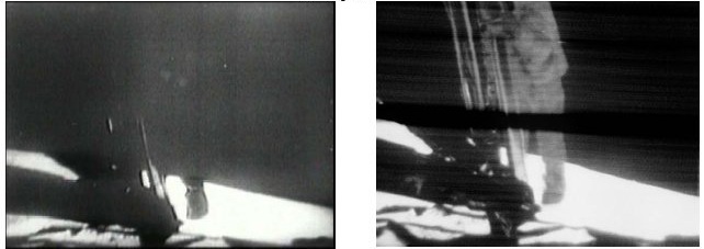 What the world saw (left) and what was received from the Moon Scan-converted broadcast image of Armstrong descending the lunar module ladder taken at Goldstone tracking station. This was the image the world saw of the first human on the Moon. But a Polaroid picture of the Slow-Scan television image of Armstrong coming down the ladder reveals far greater detail. Image Courtesy: John Sarkissian/CSIRO Parkes Radio Observatory