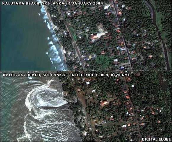 Satellite image - Kalutara before & during the tsunami - Courtesy Digital Globe