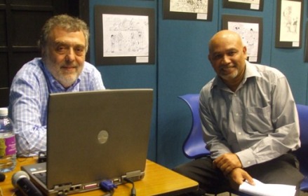 Michal Boncza Ozdowski (L) and Wasantha Siriwardena conducting cartoon workshop