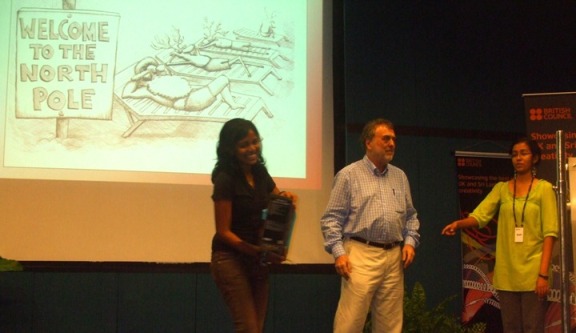 Shamanthi Rajasingham receiving her first prize in climate cartoon contest Sri Lanka