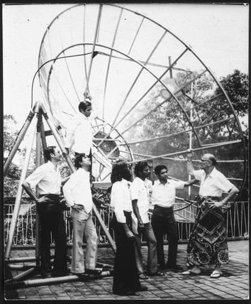Arthur C Clare (extreme right) with Indian ISRO engineers who installed satellite antenna at his home, 1975