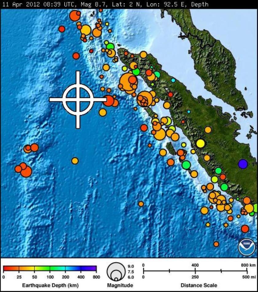 Map showing epicentre of undersea quake in Indian Ocean on 11 April 2012 - courtesy Pacific Tsunami Warning Centre & US Geological Survey