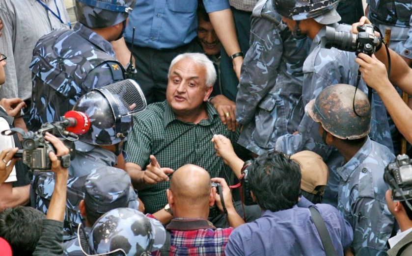 Kanak Mani Dixit challenges Nepali Army arresting him for peaceful street protests on 5 April 2006, Kathmandu - Photo by Shehab Uddin