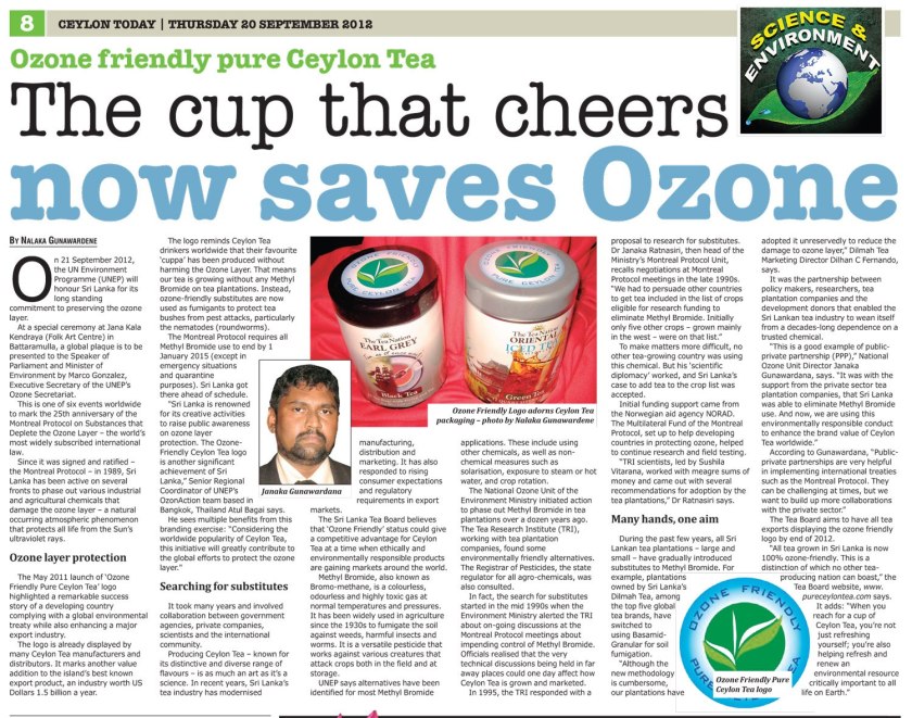 Story of Ozone Friendly Pure Ceylon Tea, in Ceylon Today, 20 Sep 2012