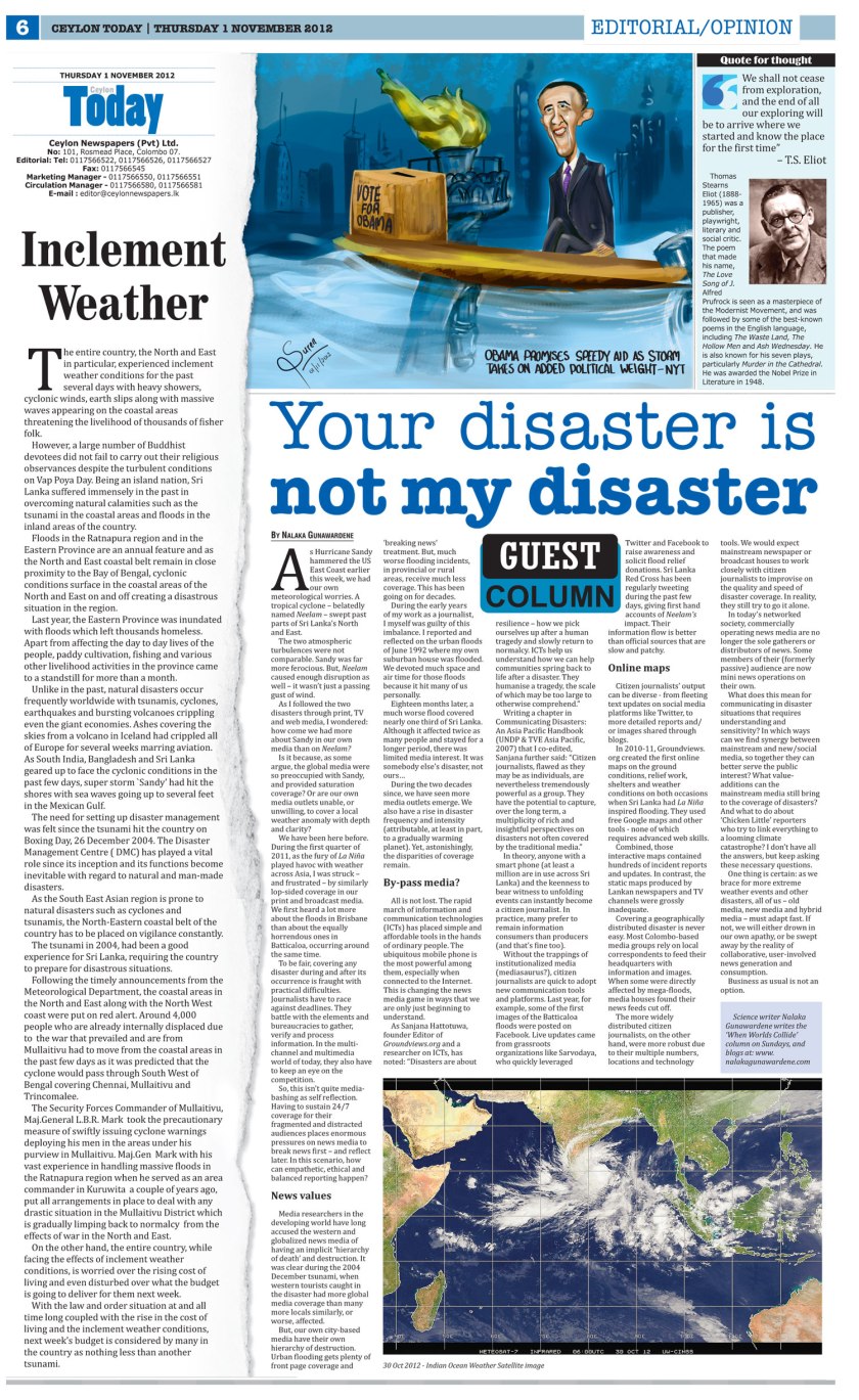 Your Disaster is not My Disaster - by Nalaka Gunawardene, Ceylon Today 1 Nov 2012