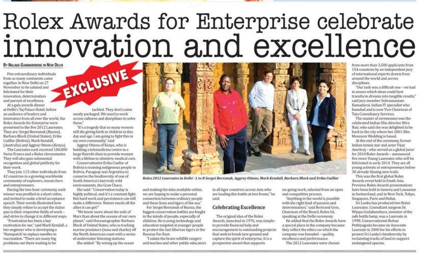 Rolex Awards 2012 presented in Delhi - Ceylon Today, 29 Nov 2012