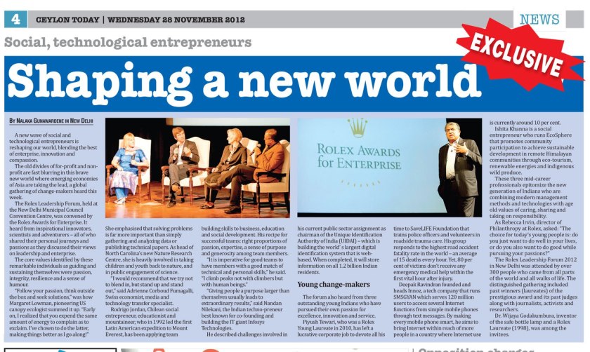 Rolex Leadership Forum in Delhi, Ceylon Today 28 Nov 2012