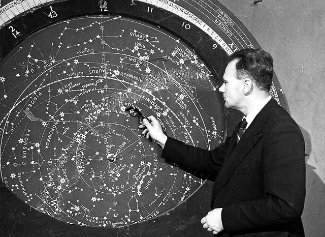 A younger Patrick Moore presenting BBC Sky at Night show around 1960