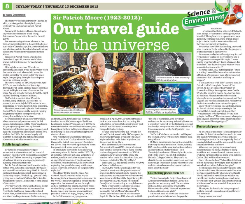 Sir Patrick Moore tribute by Nalaka Gunawardene, Ceylon Today, 13 Dec 2012