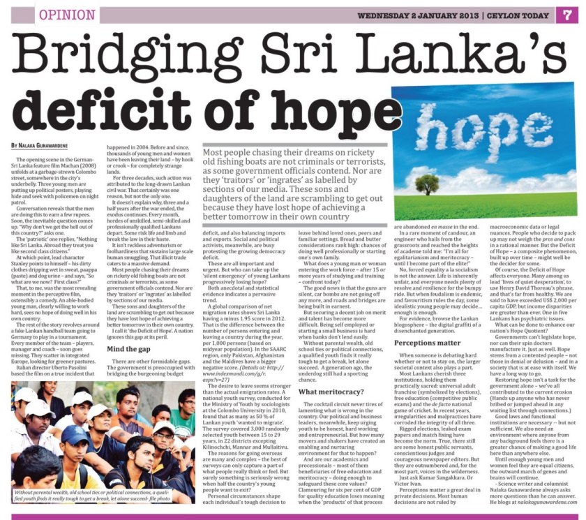 Bridging Sri Lanka's Deficit of Hope by Nalaka Gunawardene - Ceylon Today, 2 Jan 2013