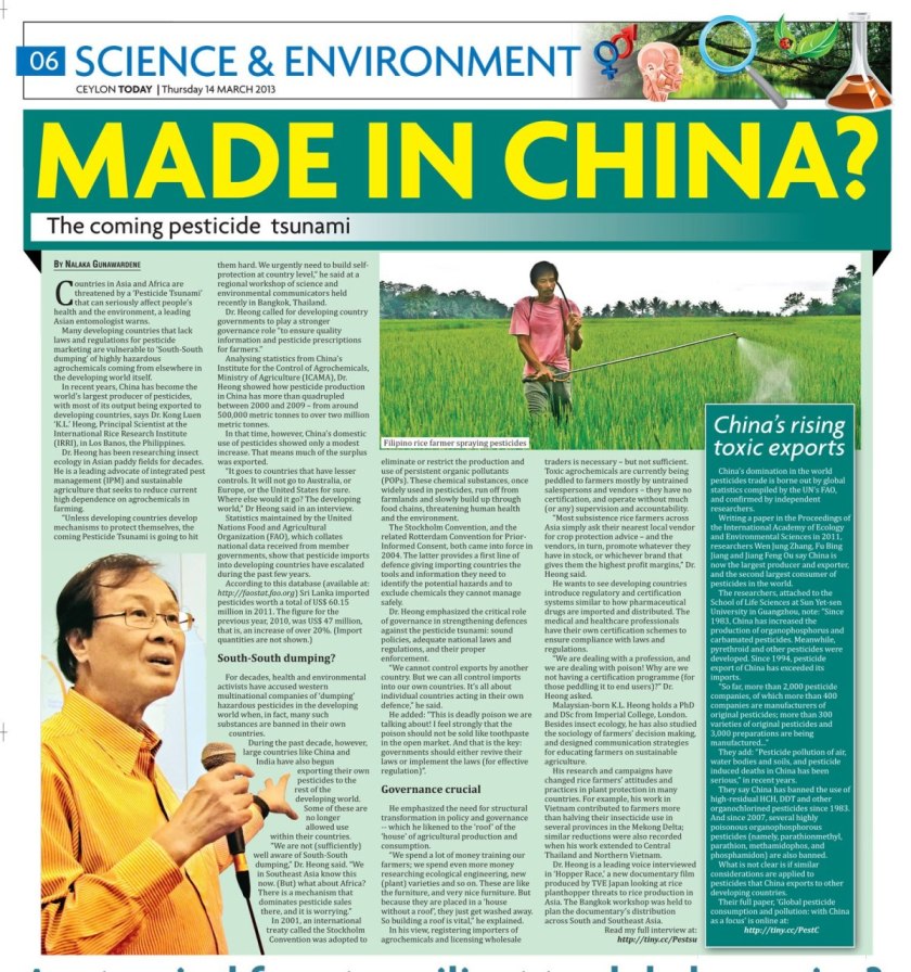 Ceylon Today, 14 March 2013 - The Coming Pesticide Tsunami - Made in China