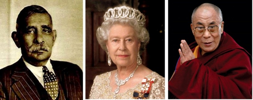 L to R - D S Senanayake, Queen Elizabeth II, Dalai Lama