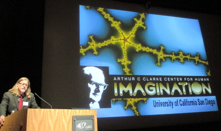 Sheldon Brown, Director of Arthur C Clarke Centre for Human Imagination, speaks at opening on May 20