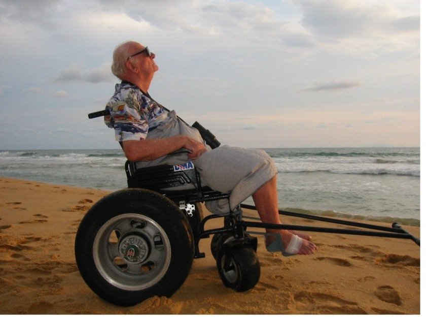 Sir Arthur Clarke revisits Hikkaduwa beach in southern Sri Lanka in his custom-made Dune Roller, circa 2005