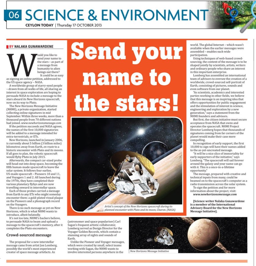 Send Your Name to the Stars! Ceylon Today, 17 Oct 2013