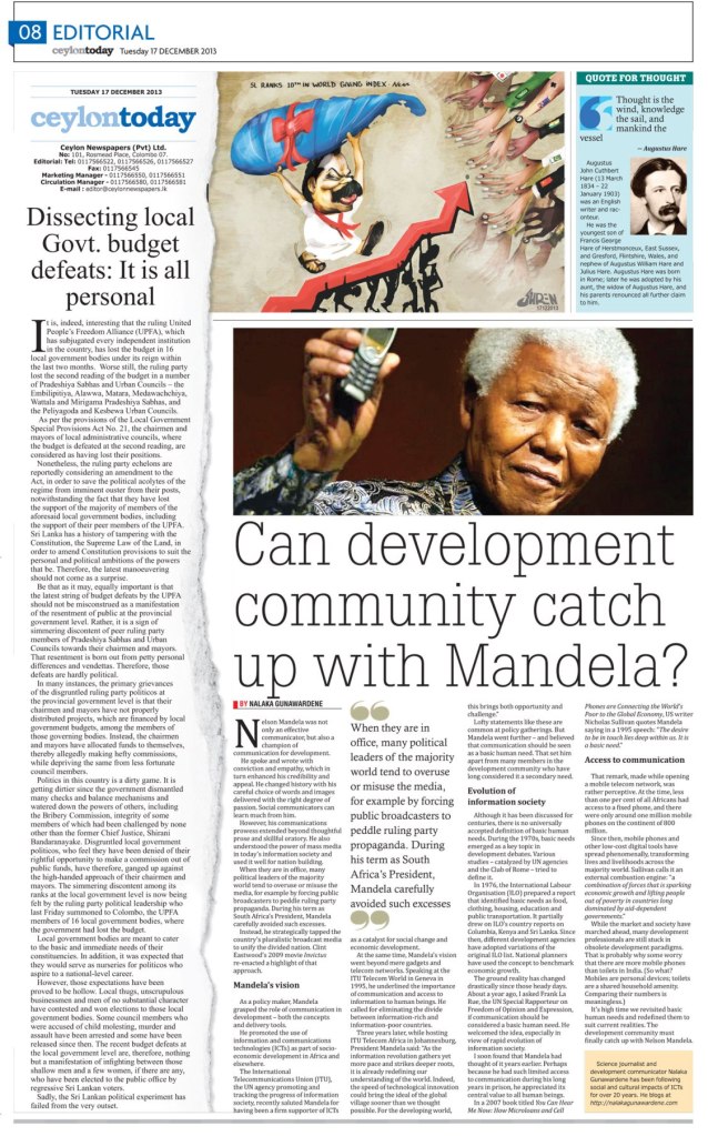 Can Development Community Catch up with Nelson Mandela - Ceylon Today, 17 Dec 2013
