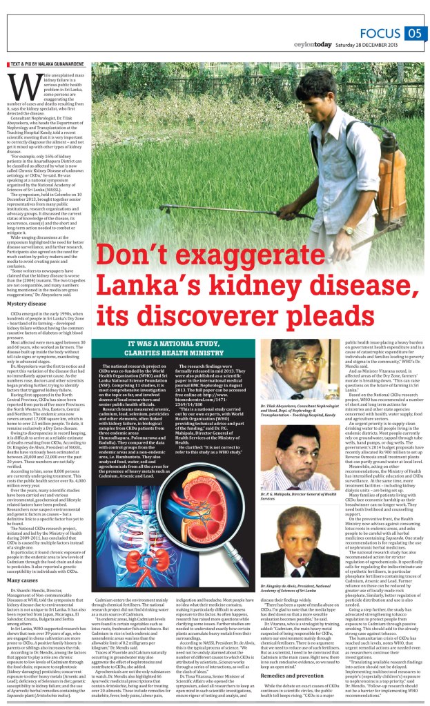 Don’t exaggerate Lanka’s kidney disease - by Nalaka Gunawardene - Ceylon Today, 28 Dec 2013