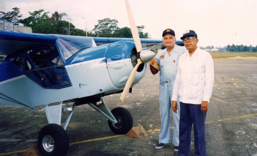 Dr Ray Wijewardene (left) with two-seater plane he designed for Dr Cyril Ponnamperuma in 1990