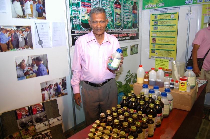 K M Wijepala exhibits his organic fertiliser suited for any crop - Photo by Janaka Sri Jayalath