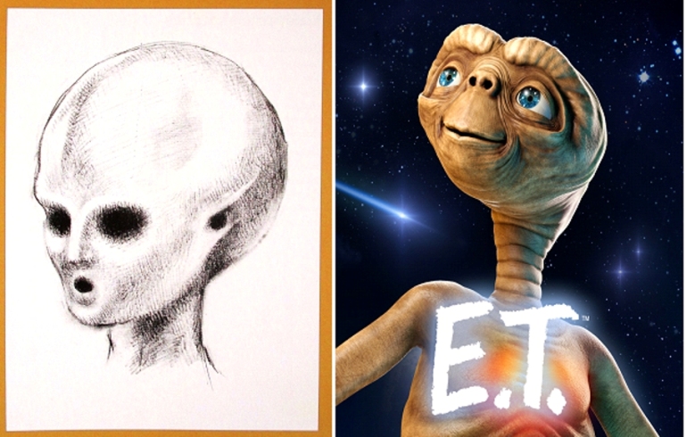Satyajit Ray's drawing of the friendly Alien, sketched for 1967 draft screenplay & ET in 1982