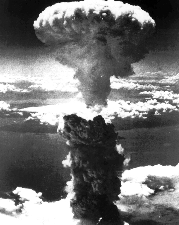 A mushroom cloud rises 20,000 feet over Nagasaki, Japan on Aug. 9, 1945, moments after an atomic bomb was dropped