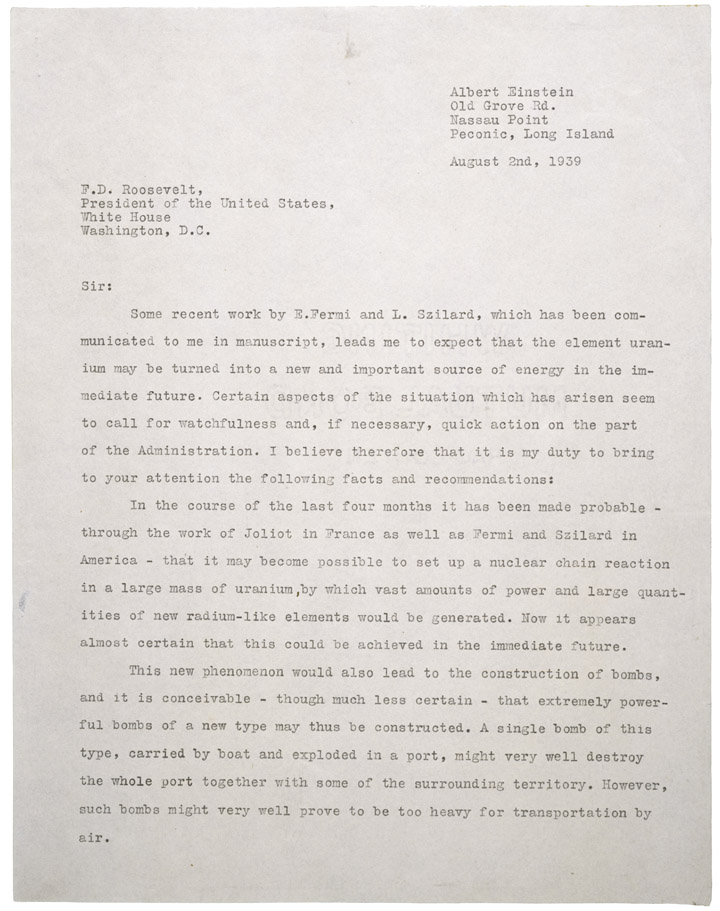 Einstein's letter to President Roosevelt, 2 Aug 1939 - page 1 of 2