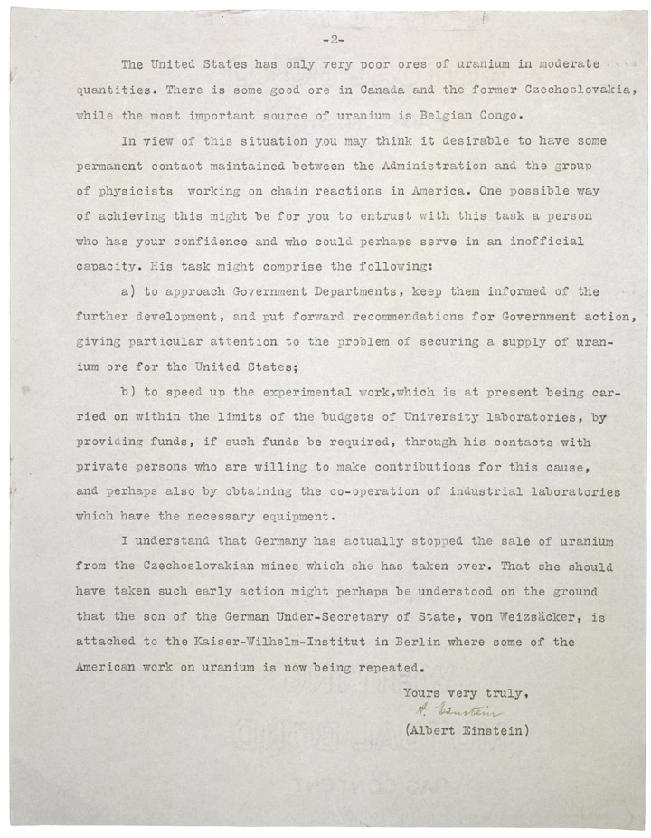 Einstein's letter to President Roosevelt, 2 Aug 1939 - page 2 of 2
