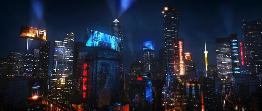 Futuristic city scape generated by computer graphics for movie Into the Comet