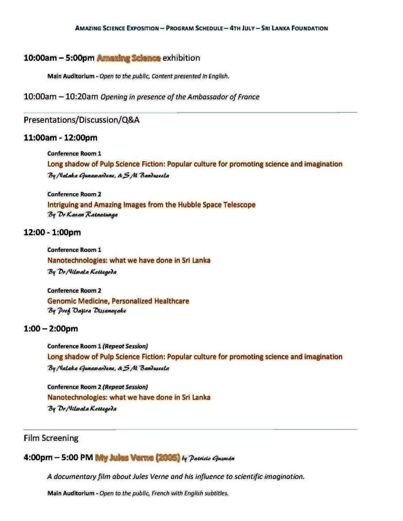 Amazing Science in Colombo - Programme for 4 July 2014