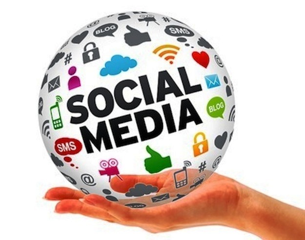 Hand holding a Social Media 3d Sphere sign on white background.