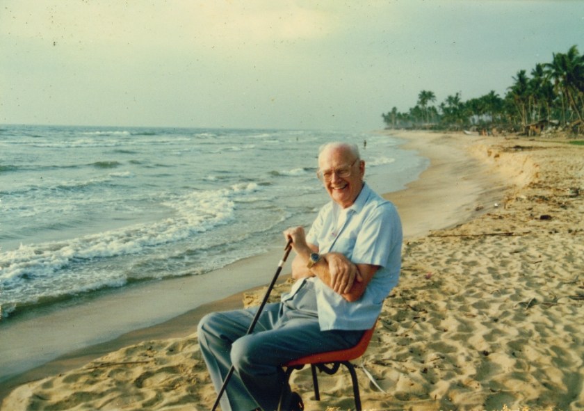 Arthur C Clarke - Relaxing by the sea in Sri Lanka. Photo by Rohan de Silva, Arthur C Clarke Trust