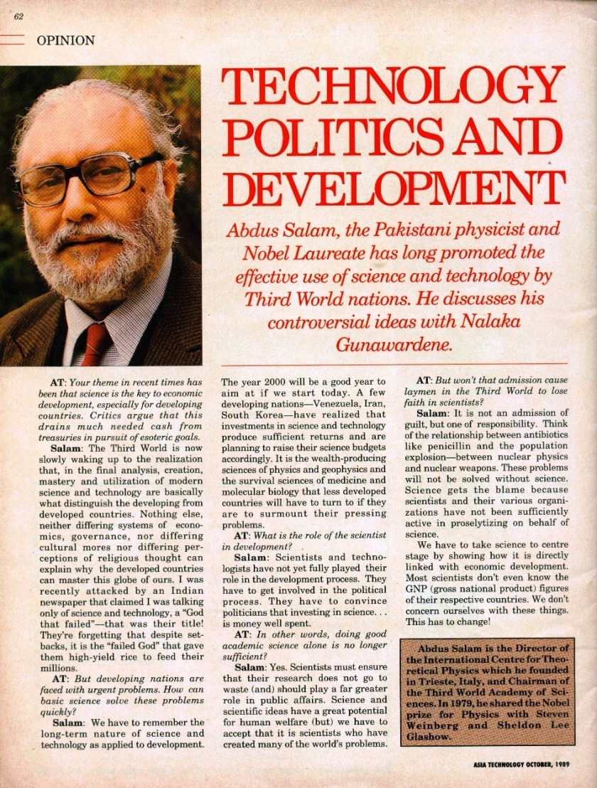 Nalaka Gunawardene's interview with Dr Abdus Salam, Asia Technology Oct 1989