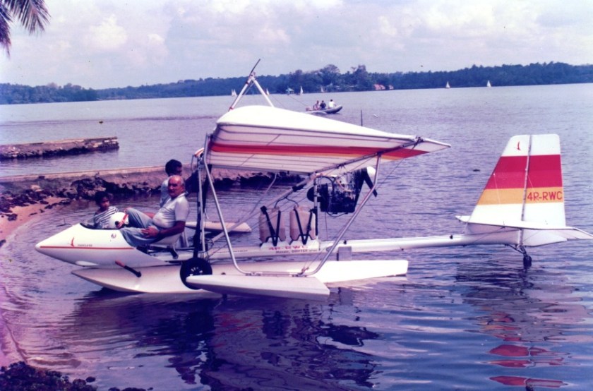 Ray Wijewardene with an amphibious plane he designed, testing it at the Bolgoda Lake close to Colombo, Sri Lanka in the 1990s