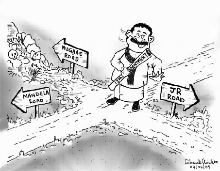 Which road to take, ponders Mahinda Rajapaksa after war victory - Cartoon by Gihan de Chickera, published in Daily MIrror, 4 June 2009 (2 weeks after Sri Lanka's civil war ended)