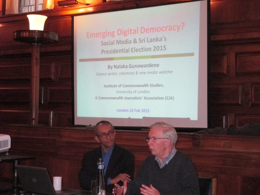 William Crawley (right), Fellow of the Institute of Commonwealth Studies, introduces Nalaka Gunawardene