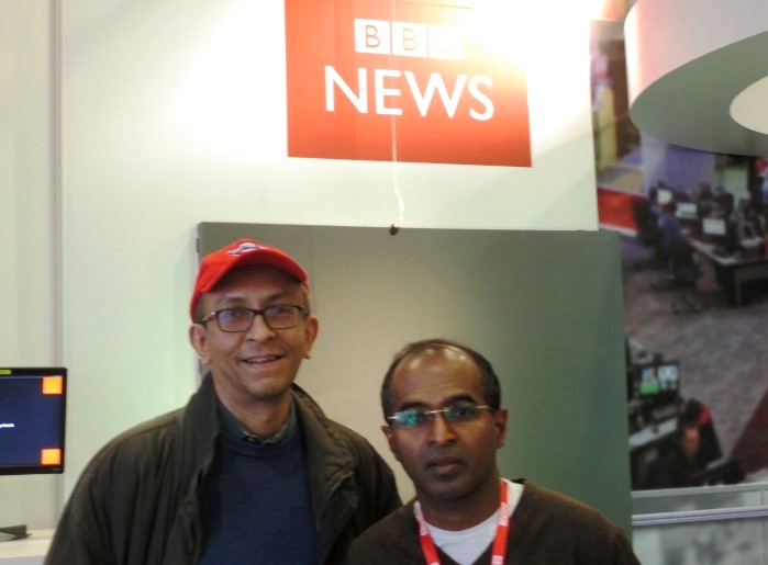 Nalaka Gunawardene (left) with his BBC interviewer Saroj Pathirana
