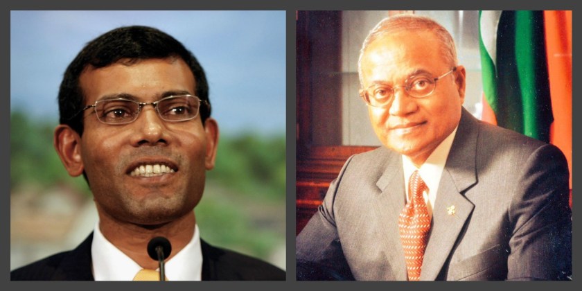 President Mohammed Nasheed (left) and President Maumoon Abdul Gayoom (right).jpg