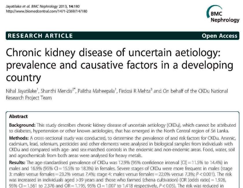 Sri Lanka National CKDu Research Project findings academically published in August 2013