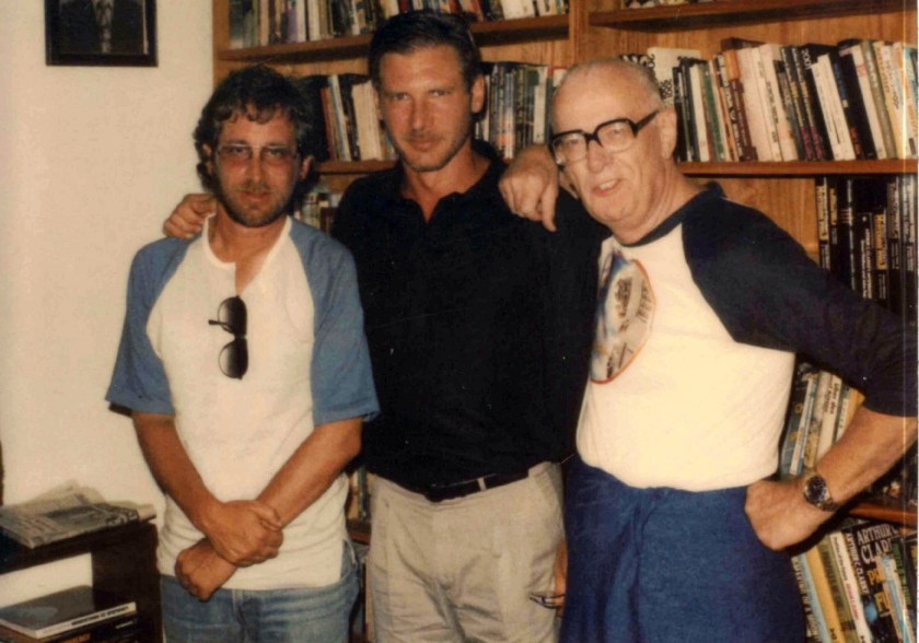 When Steven Spielberg (left) and Harrison Ford (middle) visited Arthur C Clarke in Colombo during filming of Indiana Jones and the Temple of Doom in Sri Lanka, 1983 - Photo owned by Arthur Clarke Estate