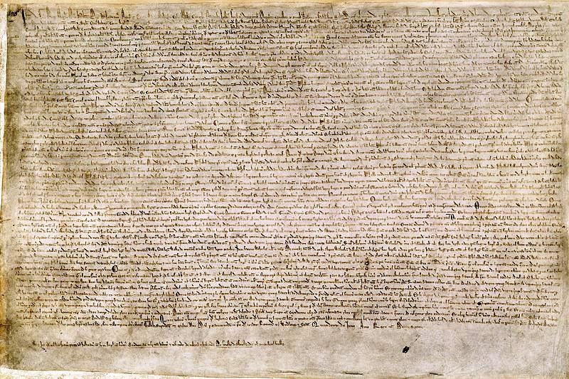 The Magna Carta of 1215, written in iron gall ink on parchment in medieval Latin, using standard abbreviations of the period, authenticated with the Great Seal of King John (image courtesy Wikipedia)