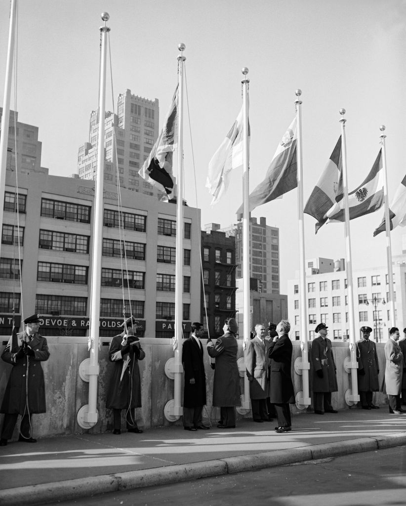 Ceylon flag is first raised at UN Headquarters in New York on 9 March 1956. UN Photo Archive