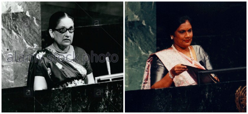Left - Sri Lanka PM Sirimavo Bandaranaike speaking at UN on 9 Sep 1976, and her daughter President Chandrika Bandaranaike Kumaratunga speaking at UN in September 1995 (UN Photos)