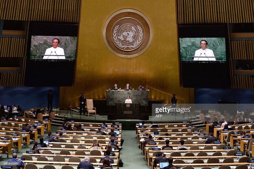 Sri Lanka's President Maithripala Sirisena addresses the 70th Session of the United Nations General Assembly at the UN in New York on September 30, 2015. AFP PHOTO - JEWEL SAMAD