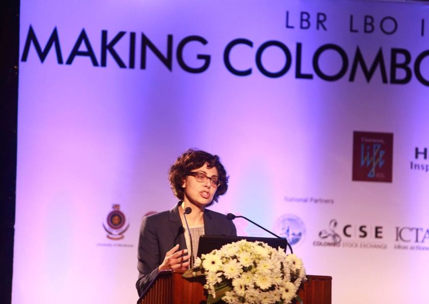 World Bank's Sumila Gulyani speaks in Colombo, 3 Nov 2015. (Image courtesy LBO)