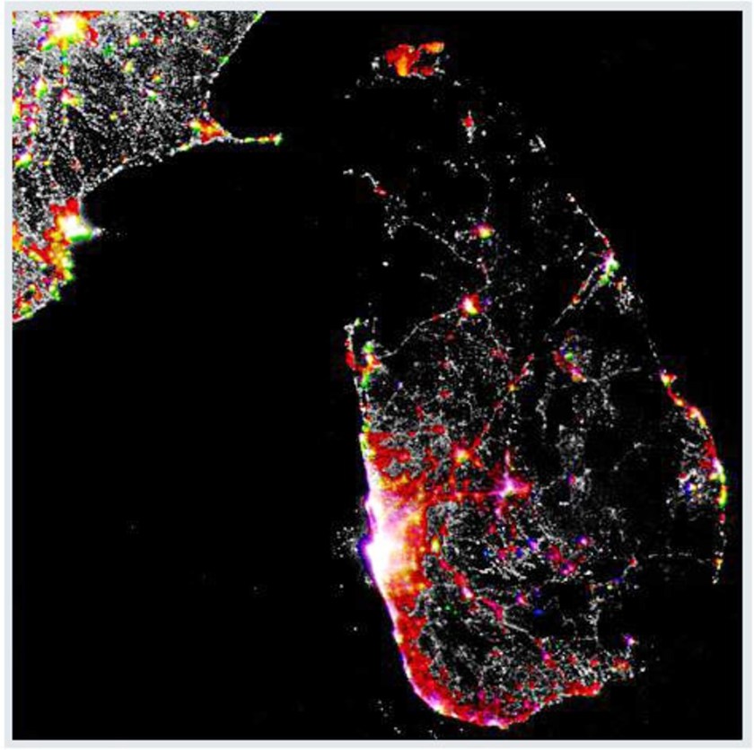 Urbanisation in Sri Lanka as shown by night lights captured by satellites