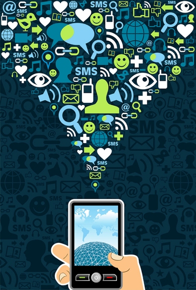 Hand holding a cell phone under social media icons on blue background Vector file available.