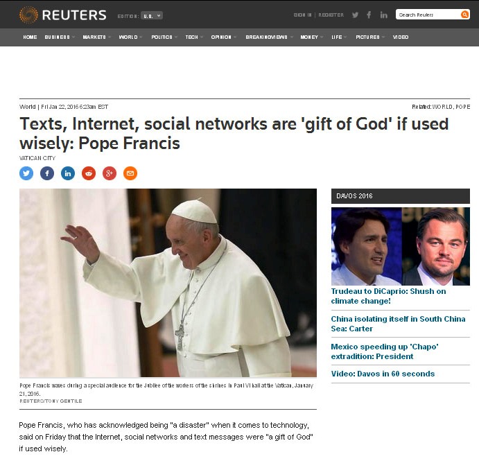 Texts, Internet and Social Media - gifts from God, says Pope, 22 Jan 2016