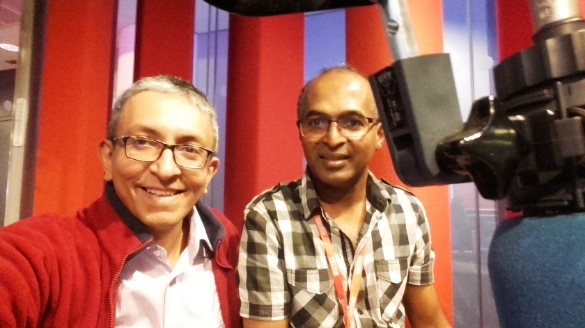 Nalaka Gunawardene (left) with BBC journalist Saroj Pathirana at BBC Broadcasting House in London on 21 June 2016