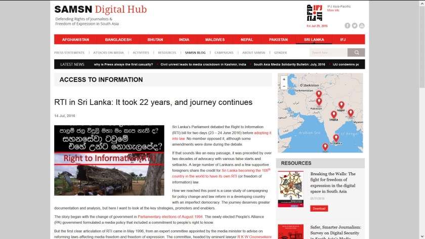 RTI in Sri Lanka - Nalaka Gunawardene op-ed published in IFJ South Asia blog, 14 July 2016