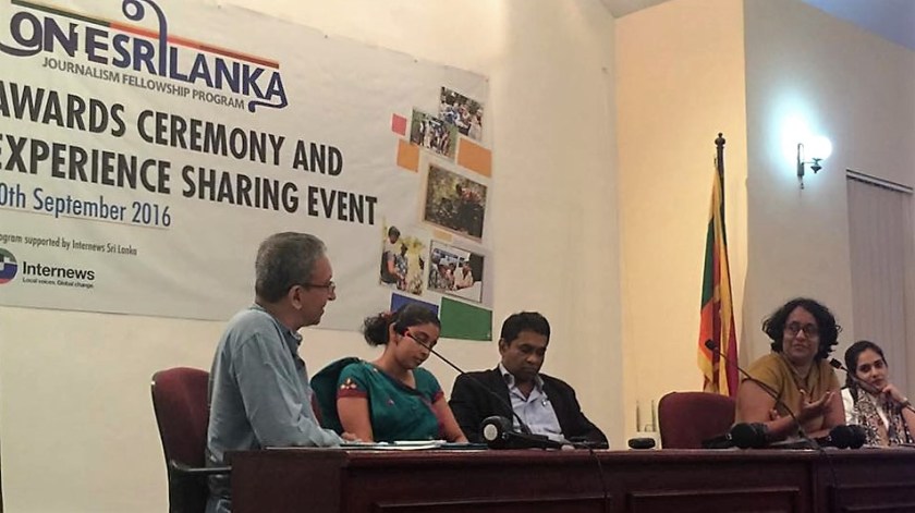 Panel on Future of Sri Lankan Journalism in the Digital Age. L to R – Nalaka Gunawardene (moderator); Deepanjali Abeywardena; Dr Ranga Kalansooriya; Dr Harini Amarasuriya; and Gazala Anver